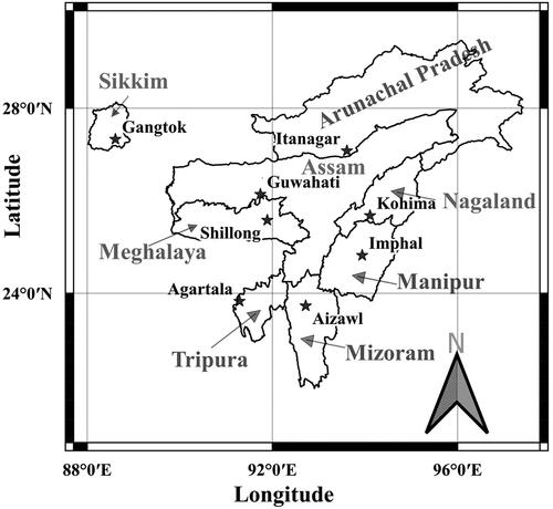 Figure 14. Important cities in each of the eight states of NE India (Stars show the location of the cities) considered for deaggregation.