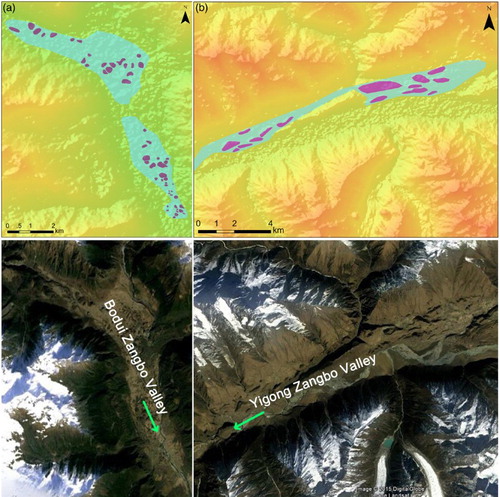 Figure 7. The hummocky moraines in the Bodui Zangbo Valley (a) and the Yigong Zangbo Valley (b) mapped on DEM overlapped with a semi-transparent hillshade images (above), and their Google Earth view (below). Locations of the area depicted are marked in Figure 3.