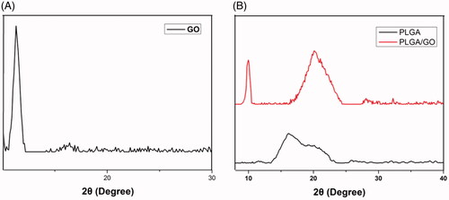Figure 2. XRD patterns of GO (A) and electrospun nanofibresof PLGA and PLGA/GO (B).