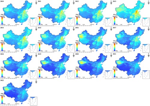Figure 3. Spatial distributions of annual average PM2.5 concentrations in the Chinese mainland from 2010 to 2022 based on the CLAP_PM2.5 dataset estimated by Random Forest algorithm.