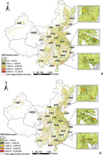 Figure 2. Forecast GDP maps for 2014 (a) and 2020 (b).