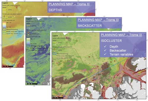 Figure 4. Examples of the types of information used in planning of geology and biology sampling cruises. Data from the multibeam survey preceding a cruise are used to produce maps of topography (top), sediment softness from backscatter and an unsupervised terrain classification (lowest map). Planned video transects are indicated with black lines, orange dots are sampling stations and yellow are extra stations.