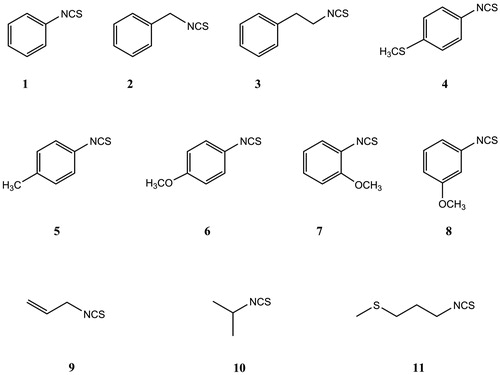 Figure 1. Structures of the isothiocyanates (ITCs) used in the current study: 1 – phenyl ITC, 2 – benzyl ITC, 3 – 2-phenylethyl ITC, 4 – 4-methylsulfanylphenyl ITC, 5 – 4-methylphenyl ITC, 6 – 4-methoxyphenyl ITC, 7 – 2-methoxyphenyl ITC, 8 – 3-methoxyphenyl ITC, 9 – allyl ITC, 10 – isopropyl ITC and 11 – 3-(methylsulfanyl)propyl ITC.
