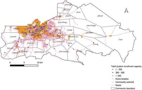 Figure 1. Home and school locations within communities in the TaMA study area (source: developed by authors).