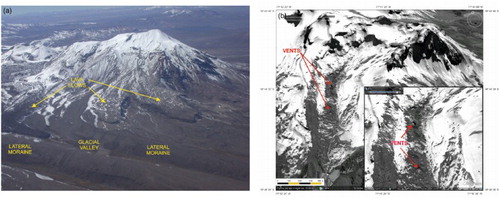 Figure 3. (a) Fresh lava flows located in the west slopes of Ampato and Sabancaya volcanoes. Some of them are channelled through glacial valleys generated during the maximum glacier expansion. (b) Detail of the vents situated on the southwest flank of HualcaHualca volcano close to active glacial cirques (Google earth image, 2012).