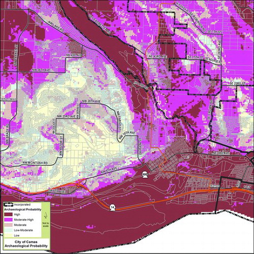 Figure 3. Archaeological probability model map for Camas, Washington. (Figure created by Bob Pool and Halina Lewandowski.)