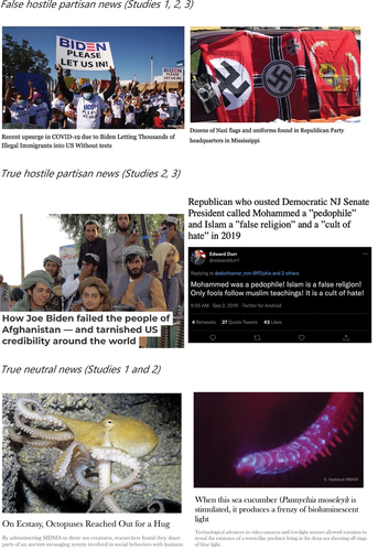 Figure 1. Examples of news items used in Studies 1–3. Top and middle: items on the left are hostile to Democrats and those on the right to Republicans.