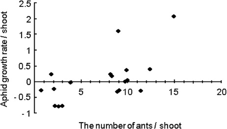 Figure 2. Relationship between the number of ants and the growth rate of aphids on a shoot. The two parameters were significantly correlated (Spearman rank correlation: r = 0.46, P < 0.05).