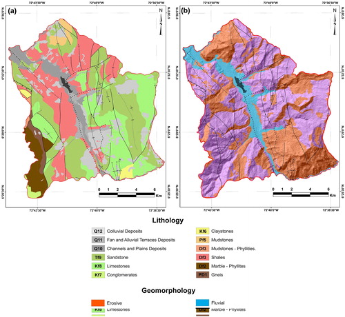 Figure 2. Geological map (a), adapted from the geological map scale 1:100,000 (Vargas et al., Citation1976) and a morphogenetic map (b).