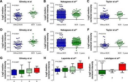 Figure 2 ABCC5 overexpression is significantly associated with PCa progression and poor prognosis. (A–F) ABCC5 mRNA was significantly increased in PCa patients with BCR compared with PCa patients without BCR at 3 and 5 years, respectively; (G–P) ABCC5 was significantly increased in patients with higher Gleason score relative to patients with lower Gleason score; (Q) ABCC5 was significantly increased in patients with higher grade relative to patients with lower grade; (R–T) ABCC5 was significantly increased in patients with higher stage relative to patients with lower stage.