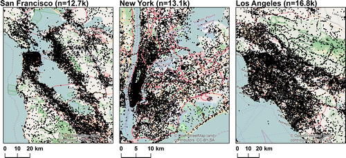 Figure 2. Maps of the geonames.org POI distribution (black dots) in three U.S. cities.