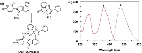 Figure 12. Reaction between LND and FLC. Excitation (1) and emission (2) spectra of the reaction product of LND (275 ng/mL) with FLC (0.025%, w/v). Reproduced from ref [Citation82].