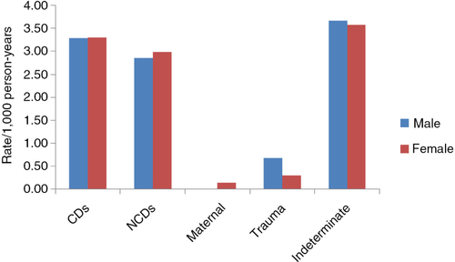 Fig. 1 Mortality rates per 1,000 person-years by cause group by sex (2006–2010).