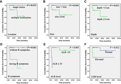 Figure 4 Association of clinical and laboratory parameters on overall survival (OS) of primary gastric diffuse large B-cell lymphoma (PG-DLBCL) patients. Kaplan–Meier curves showing the association between location (A), size (B), depth under endoscopic ultrasonography (EUS) (C), B symptoms (D), serum albumin (ALB) level (E), lactate dehydrogenase (LDH) level (F) and OS of PG-DLBCL patients in our study. All the P values are shown in the graph, by Log rank test.