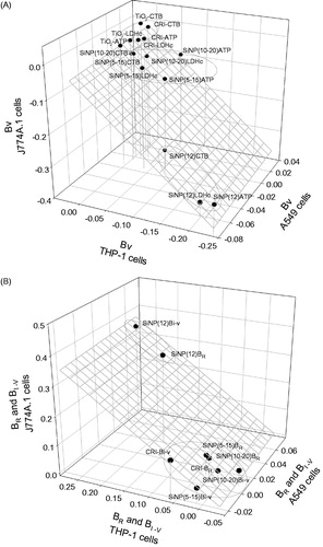 Figure 5. (A) Plot showing the distribution of the particles based on their cytotoxic potency (βV) as measured by CTB, ATP and LDH assay (cell content), with a left to right and top to bottom direction of increasing potency. Three-way ANOVA, PM main effect, p < 0.001, SiNP (12 nm) vs. SiNP (10–20 nm), SiNP (5–15 nm), SiO2 and TiO2, p < 0.001; SiNP (5–15 nm) vs. SiO2 and TiO2, p < 0.05; Cells main effect, p < 0.001, A549 vs. J774A.1 vs THP-1, p < 0.001; Assay main effect, p = 0.004, CTB vs ATP, LDH, p < 0.05; (B) Plot showing the association of the consensus biological reactivity (βR; average of absolute values of cytotoxic potency) and consensus inflammatory potency (βI-V; average of cytokine potency) of the particles in A549, J774A.1 and THP-1 cells with a right to left and bottom to top direction of increasing potency. Three-way ANOVA, PM main effect, p < 0.001, SiNP (12 nm) vs. SiNP (10–20 nm), SiNP (5–15 nm) and SiO2, p < 0.001; Cells main effect, p < 0.001, A549 vs. J774A.1, p < 0.001, THP-1 vs. J774A.1, A549, p < 0.05; Potency Estimate, p = 0.064, not significant.