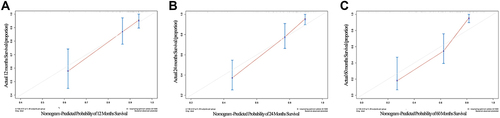 Figure 6 Calibration plot of nomogram predicted probability of 1- (A), 2- (B) and 5- (C) year all-cause mortality. Shown that the prediction model was no statistical departure with observed values.