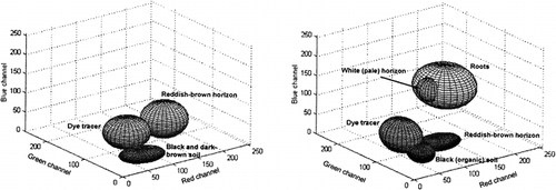 FIGURE 4. Ellipsoids enveloping different pixel groups in the three-dimensional RGB space. Each pixel group represents one specific soil layer or roots or the stained areas of the Hannigalp soil. Left: Soil column section. Right: Field profile