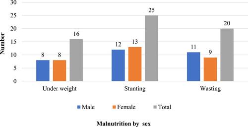 Figure 2 Prevalence of wasting, stunting, and underweight by sex in Debre Berhan Town, North Shewa, Ethiopia, 2019.