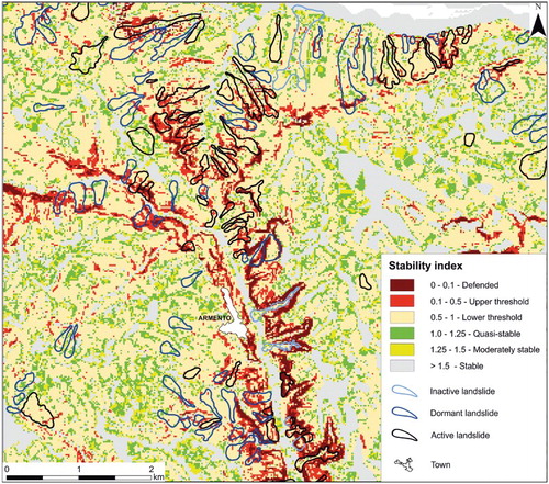 Figure 4. A detailed view of the landslide susceptibility map from the eastern sector of the study area and its relationships with mapped landslides.