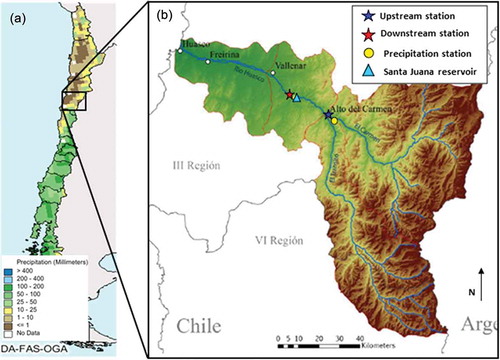 Figure 1. Huasco basin: (a) identified on a map of annual precipitation of Chile (DA-FAS-OGA) and (b) topographical map of the basin (adapted from Wagnitz et al. Citation2014; Fig.1)