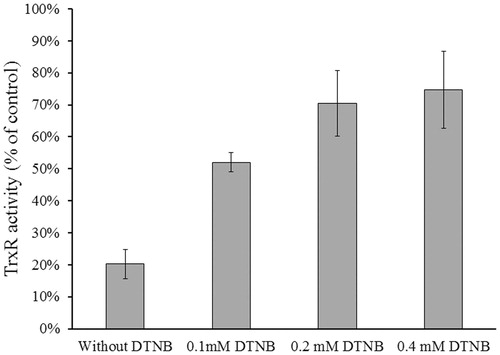 Figure 5. Substrate protection of TrxR1 from NACC inhibition. Reduced rat liver TrxR1 (0.34 unit/mL) was incubated with NACC (0.1 mM) in the presence or absence of DTNB (0.1, 0.2 and 0.4 mM) in PE buffer (100 mM potassium phosphate, pH 7.0, 2 mM EDTA) at room temperature for 15 min. An aliquot was withdrawn and tested for the remaining TrxR1 activity as described for the TrxR assay. The results are presented as the means ± S.D. of three independent experiments.