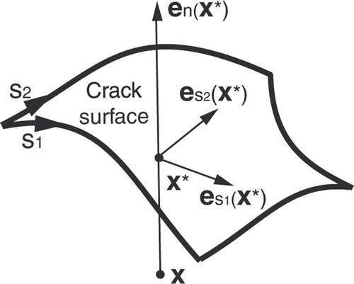 Figure 1. Parameters related to the XFEM enrichment Heaviside function corresponding to a 3D crack surface.