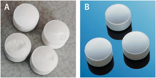 Figure 7. Tablets containing 1% w/w of magnesium stearate showing picking problem (A) and these with 2% w/w of the lubricant (B).