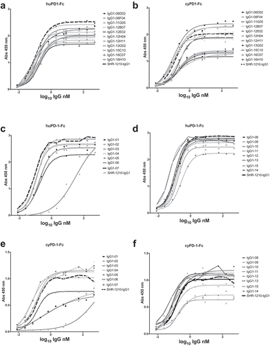 Figure 4. Direct titration ELISA for library-derived IgG1null clones binding to human and cyno PD1-Fc proteins.SHR-1210-IgG1, library-derived clones (A, B) and designer clones (C-F) in human IgG1null format were titrated (in nM) in a direct binding ELISA against human and cyno PD1-Fc proteins.