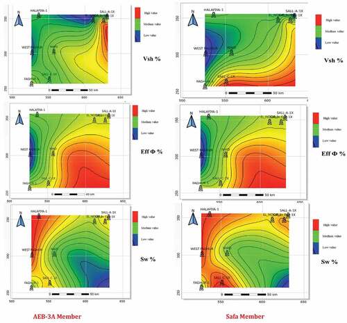 Figure 6. The petrophysical parameters maps for AEB-3A reservoir and Safa reservoir, showing the distribution of shale volume (Vsh %), effective porosity (Eff Ф %), and water saturation (Sw %).