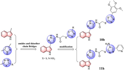 Figure 2. The design strategy of the target compounds in this study, and the resulting most active antitumor candidates (10 b and 11 h).