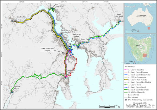 Figure 1. Trip destinations from Sandy Bay or the CBD, Hobart. Source: produced by Sebastian Rossi