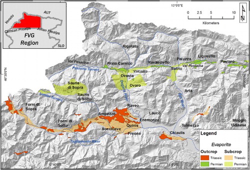 Figure 1. Sketch of the evaporite outcrops (in darker colours) and of the mantled or overlaid by a non-karst rock evaporites (in lighter colours) in the study area.