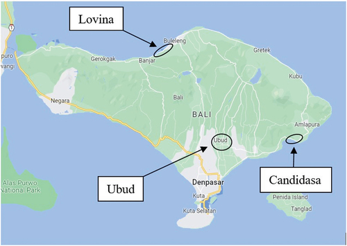 Figure 1. The locations of Lovina, Ubud, and Candidasa.
