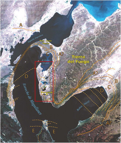 Figure 2. Glacier fluctuations in the Strait of Magellan according to McCulloch, Fogwil et al. (2005, modified). The red rectangle indicates the location of the study area. Limits of glacial stages A, B, C, D and E are indicated in this figure.