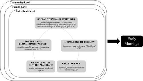 Figure 1. A Conceptual Framework of the Drivers of Early Marriages. Notes: Adapted from Psaki et al. (Citation2021). This simplified figure omits the more complex interactions linking all five drivers of early marriage, which may mediate and moderate each other’s impact on early marriage and do so at multiple levels of analyses, namely individuals, families and communities. The present study includes data on variables (in italics) at the individual-level (I) and family-level (F), but not at the community-level.