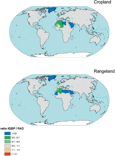 Figure 1. Ratio calculated areas per country obtained in step 3 for IGBP for cropland (top panel) and grassland (bottom panel). (Available in colour online)