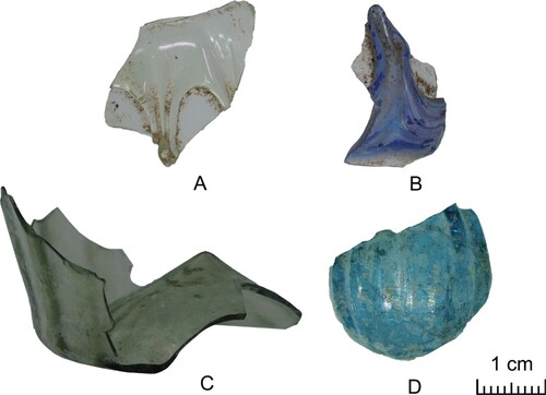 Figure 7. Forming techniques and decorations of the glass vessels from the Forum of Caesar: A–B) applied threads on the external surface of the vessels and C–D) dip-mold blowing. Image: The Caesar’s Forum Project.