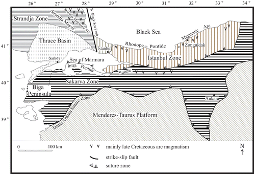 Figure 2. Tectonic setting of the Thrace Basin, showing the major paleotectonic units in the Marmara Region.