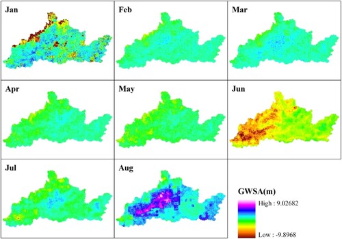 Figure 6. Monthly spatial distribution results of GWSA in Jiaozuo and Xinxiang cities.