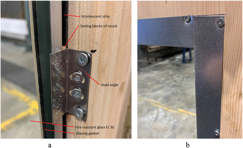 Figure 4. (A) shows a detail of mounting of fire-resistant glass with steel angles and (b) a detail of mounting of 30 mm steel frame.