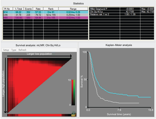 Figure S3 X-tile analysis identified the best cutoff points for the yp-mLNR in the patients with lymph node metastasis.Notes: The X-tile program divided the data of yp-mLNR into two groups. Statistical significance was assessed by using the cutoff point derived from a training set to parse a separate validation set. p-values were obtained from a standard log-rank test and plotted at the lookup table.Abbreviations: mLNR, metastatic lymph node ratio; Chi-Sq, chi square; Hi, high; Lo, low, Mid, median; Max, maximum; Pt No, patient number.