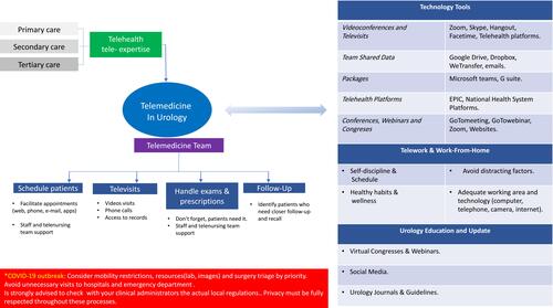 Figure 1 Telemedicine and telehealth platform applications in urology during COVID-19 pandemic time. Note: Reprinted from European Urology, 78/6, Moises Rodriguez Socarrás, Stacy Loeb, Jeremy Yuen-Chun Teoh, Maria J. Ribal, Jarka Bloemberg, James Catto, James N’Dow, Hendrik Van Poppel, Juan Gómez Rivas, Telemedicine and Smart Working: Recommendations of the European Association of Urology, 812-819, Copyright (2020), with permission from Elsevier.Citation25