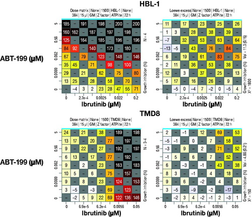 Figure 4. Dose matrices (9 × 9) for the ibrutinib/BCL-2 inhibitor (ABT-199) combination in DLBCL cell lines HBL-1 and TMD8. The dose-matrix format allows identification of combination activity at multiple ratios across a wide range of concentrations of each compound. Each point from the observed combination data (left matrix) is compared with single-agent responses in the Loewe dose-additivity model to calculate data showing activity in excess of the dose-additivity model (right matrix). The blue line denotes drug levels below clinically achievable concentrations.