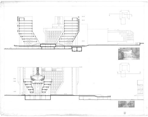 Figure 5. East–west sections, Boston City Hall, competition, stage II, 1962, architects Mitchell/Giurgola Architects in association with David A. Crane and Thomas R. Vreeland Jr. Source: Mitchell/Giurgola (collection coll. 267), University of Pennsylvania Stuart Weitzman School of Design Architectural Archives.