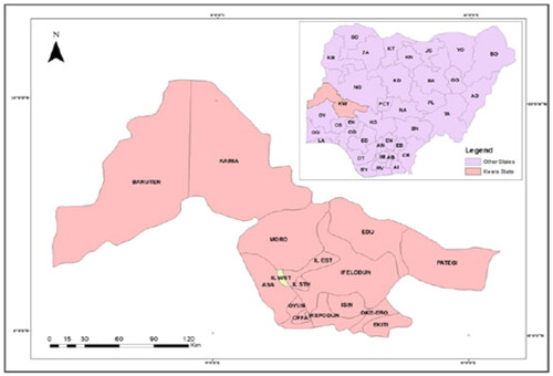 Figure 1. Map of Kwara State indicating its location in pink colour on the map of Nigeria.Source: Adapted from Kwara State Government Portal https://kwarastate.gov.ng/#.