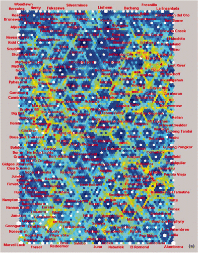 Figure 3 (a) U-matrix output from the SOM analysis of the global mineral deposit database (364 deposits) showing groupings of deposits (uniform areas of cold colours) and boundaries between clusters (warm colours). (b) U-matrix output from the SOM analysis of a subset of 112 Archean gold deposits, mainly from the Yilgarn Craton in Western Australia and the Abitibi Belt in Ontario, Canada. Note: global is meant in the context of the data compilation including all commodity types, geographic locations and ages. Some deposit names are abbreviated due to a glitch in the software which allowed for nine letters per label only: e.g. Boddingto, Boddington; CleoSunri, Cleo-Sunrise; HamptonBo, Hampton-Boulder deposit; GrannySmi, Granny Smith; LadyBount, Lady Bountiful; NewHollan, New Holland (all Yilgarn Craton, WA).