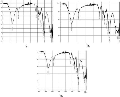 Figure 3. FTIR patterns of (a) CT, (b) BL, and (c) BLV samples.