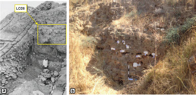 Fig. 7: The location of LC08 on the outer face of the tower-buttress; a) the tower-buttress exposed in 1985 (Ussishkin Citation2004a: 710, Fig. 13.14); note that one person is standing at the foot of the tower and another is sitting on the balcony on top of the tower; the estimated location of LC08 is marked; b) the location of LC08 during our archaeomagnetic sampling