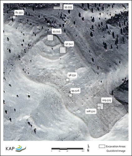 Figure 3. Plan of the citadel of Kaymakçı showing the eight excavation areas opened from 2014–2017 (© Gygaia Projects).