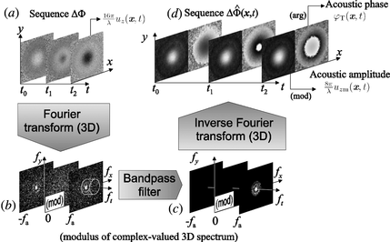 Figure 2 Sketch of the 3-D Fourier transform method. Only three maps are shown for simplicity. An actual sequence would contain a power-of-two number of maps N, typically N = 64 or N = 128. (a) Sequence ΔΦ of optical phase-change maps that contain the spatial and temporal evolution of the out-of-plane displacement at the measurement surface. (b) Complex-valued 3-D spectrum obtained by a 3-D Fourier transform of the sequence in (a); only the modulus is shown. (c) Bandpass filtered 3-D spectrum; only the modulus is shown. (d) Sequence of complex-valued maps that contain the acoustic amplitude and phase at the measurement surface.